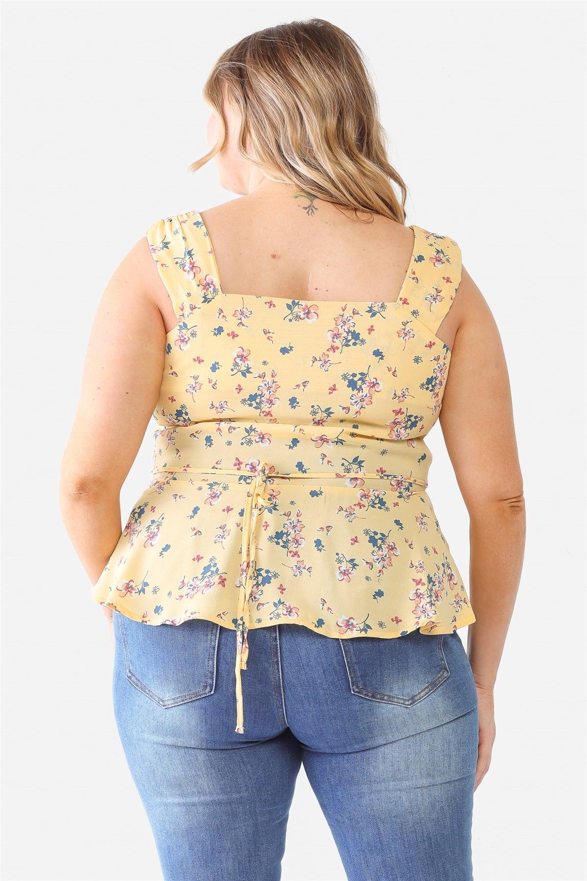 Junior Plus Yellow Floral Button-Up Sleeveless Flare Hem Top /1-1-1
