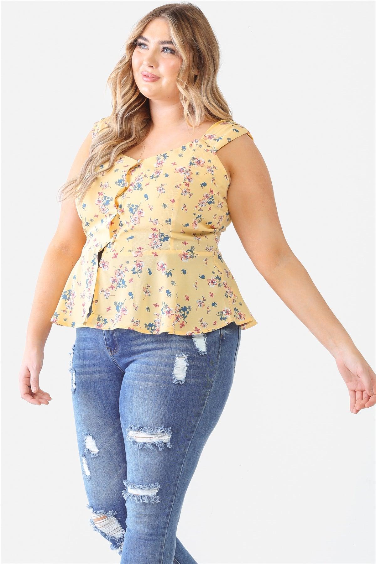 Junior Plus Yellow Floral Button-Up Sleeveless Flare Hem Top /1-1-1