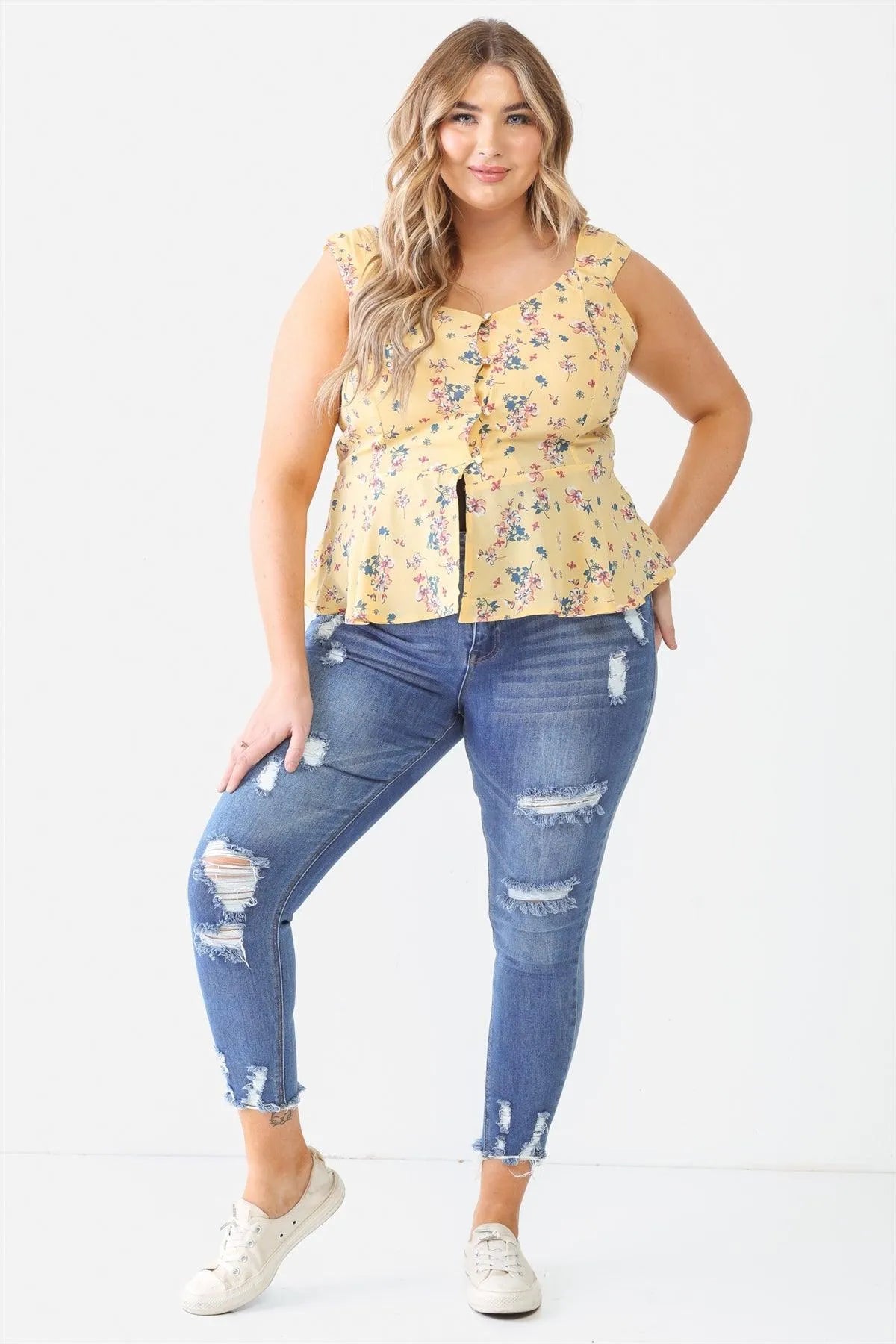 Plus Size Floral Button-Up Sleeveless Flare Hem Top - Tasha Apparel Wholesale