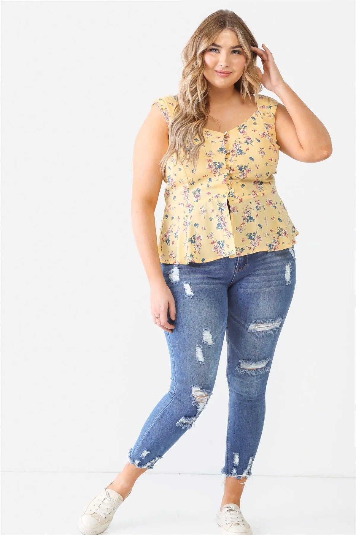 Plus Size Floral Button-Up Sleeveless Flare Hem Top - Tasha Apparel Wholesale