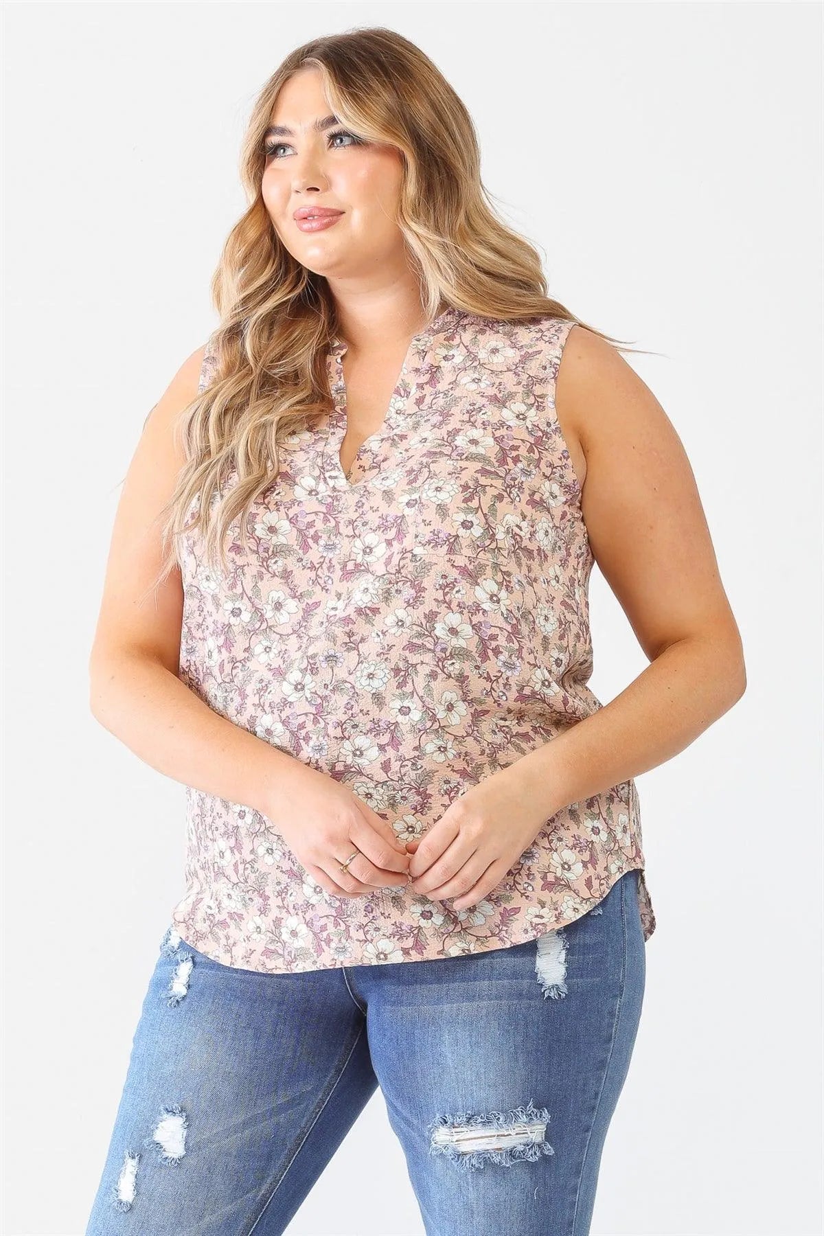 Junior Plus Mauve Flower Crumpled Sleeveless One Pocket Top /1-1-1 - Tasha Apparel Wholesale