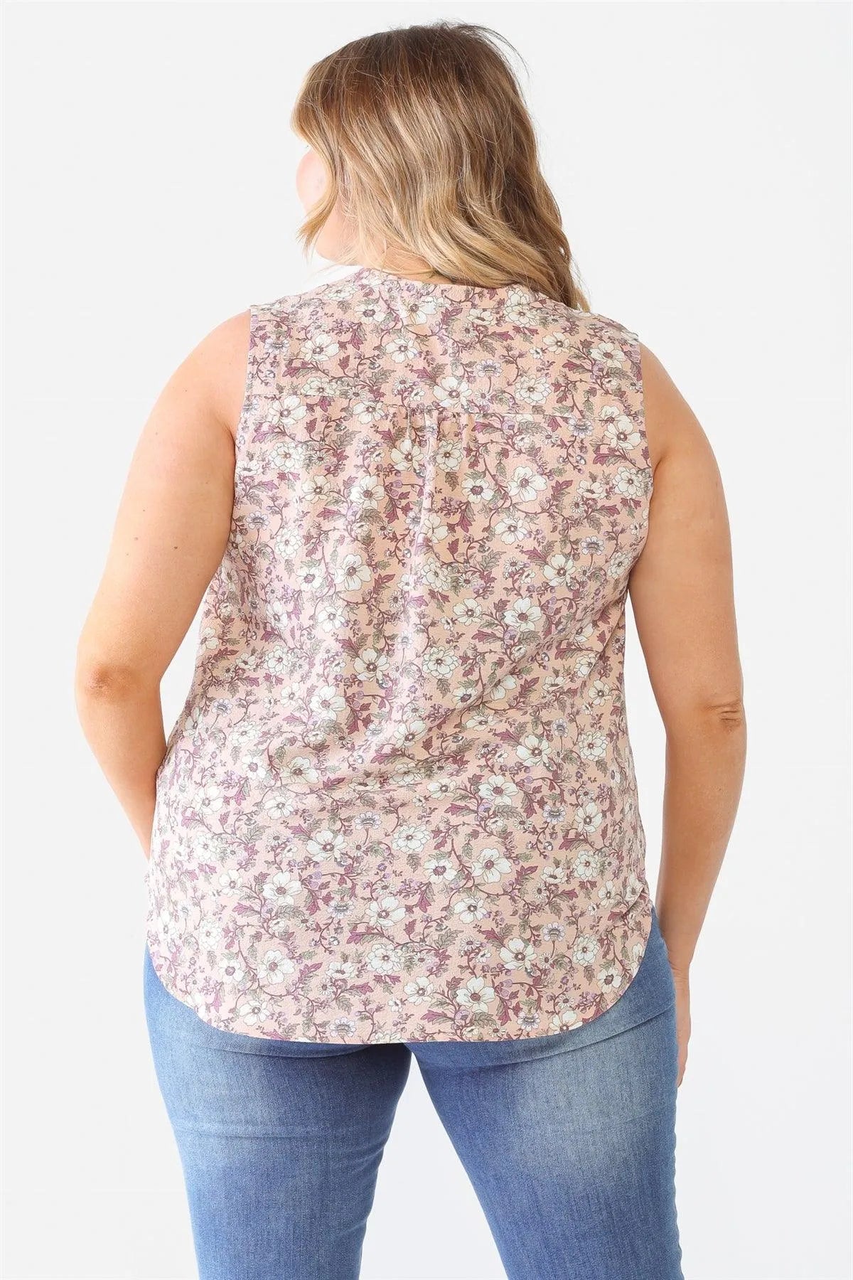 Junior Plus Mauve Flower Crumpled Sleeveless One Pocket Top /1-1-1 - Tasha Apparel Wholesale