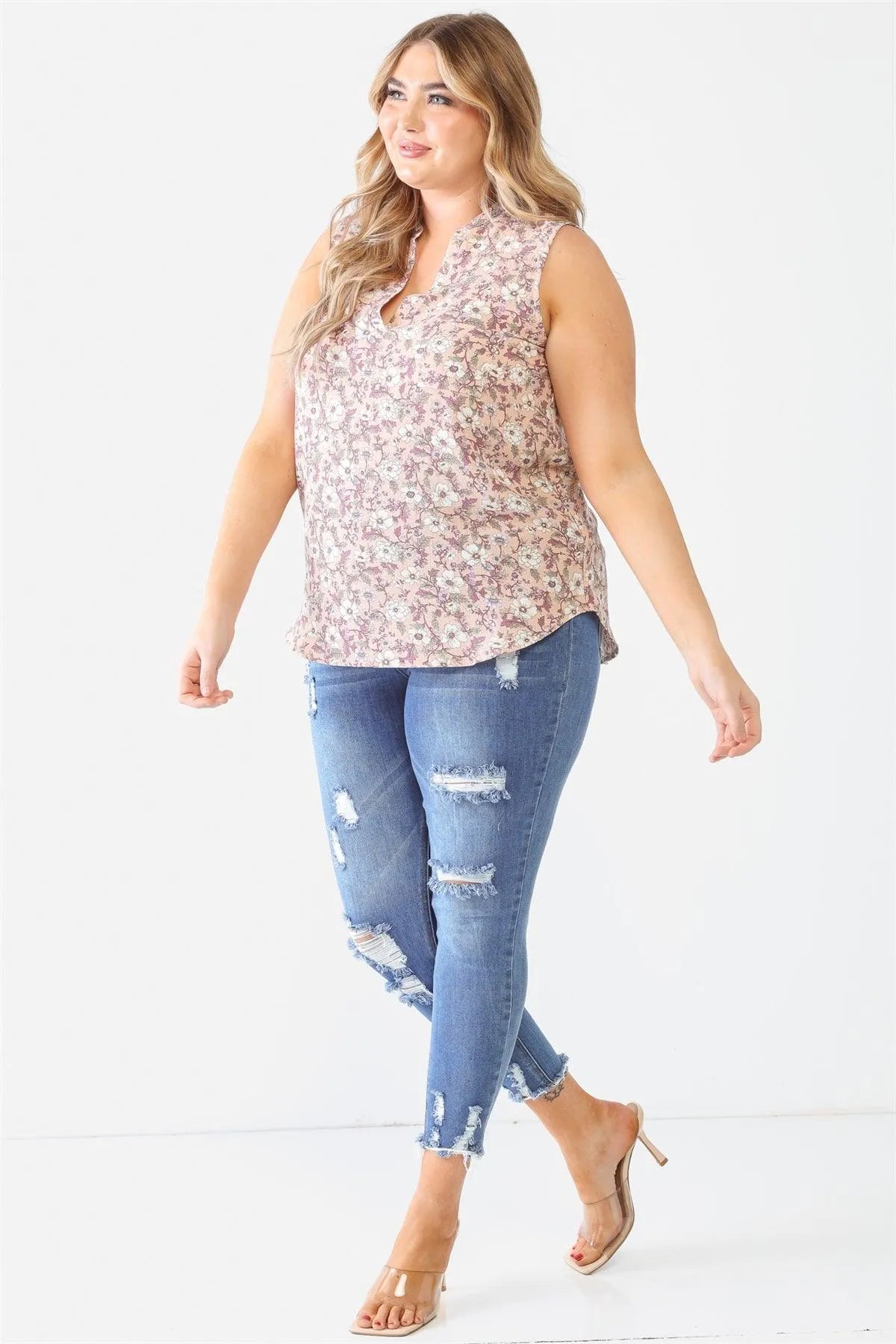 Junior Plus Mauve Flower Crumpled Sleeveless One Pocket Top /1-1-1 - Tasha Apparel Wholesale