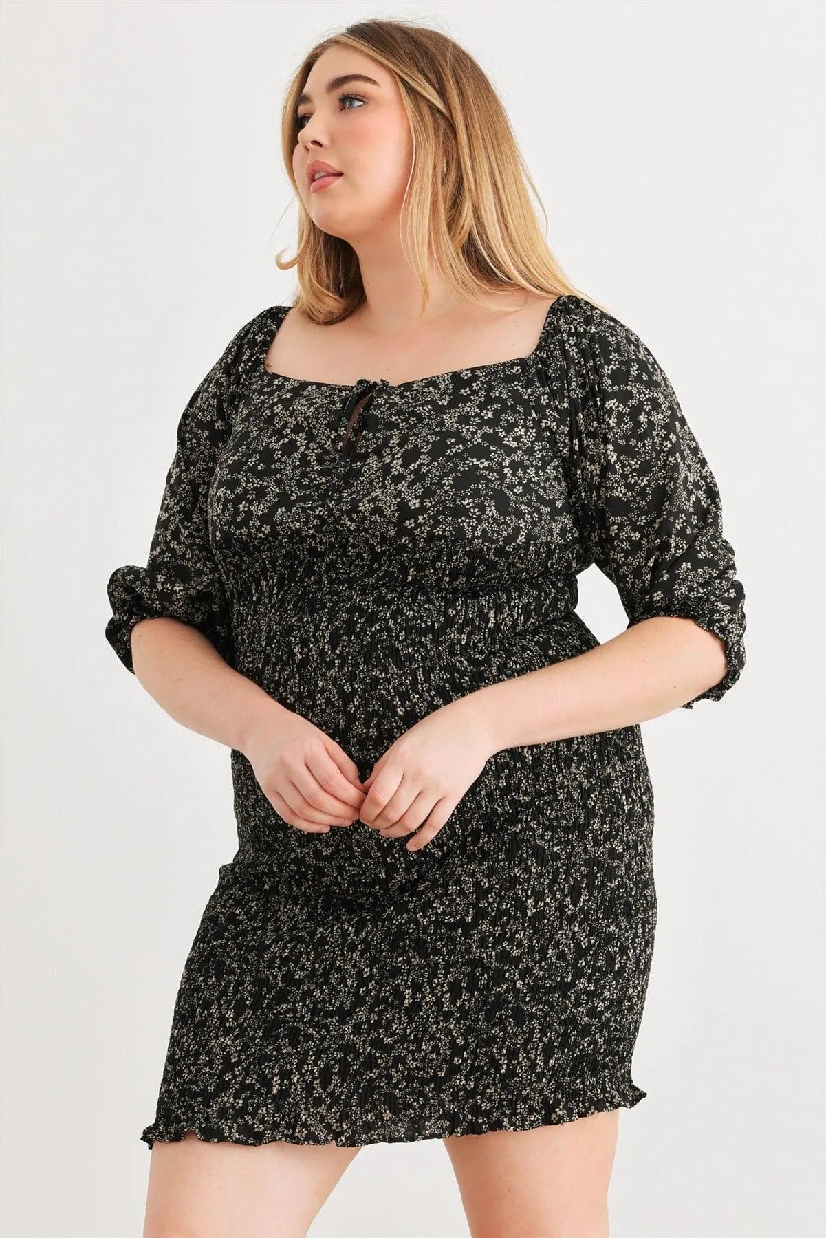 Junior Plus Black Floral Smocked Puff Sleeve Tie Neck Mini Dress /2-1-3 - Tasha Apparel Wholesale