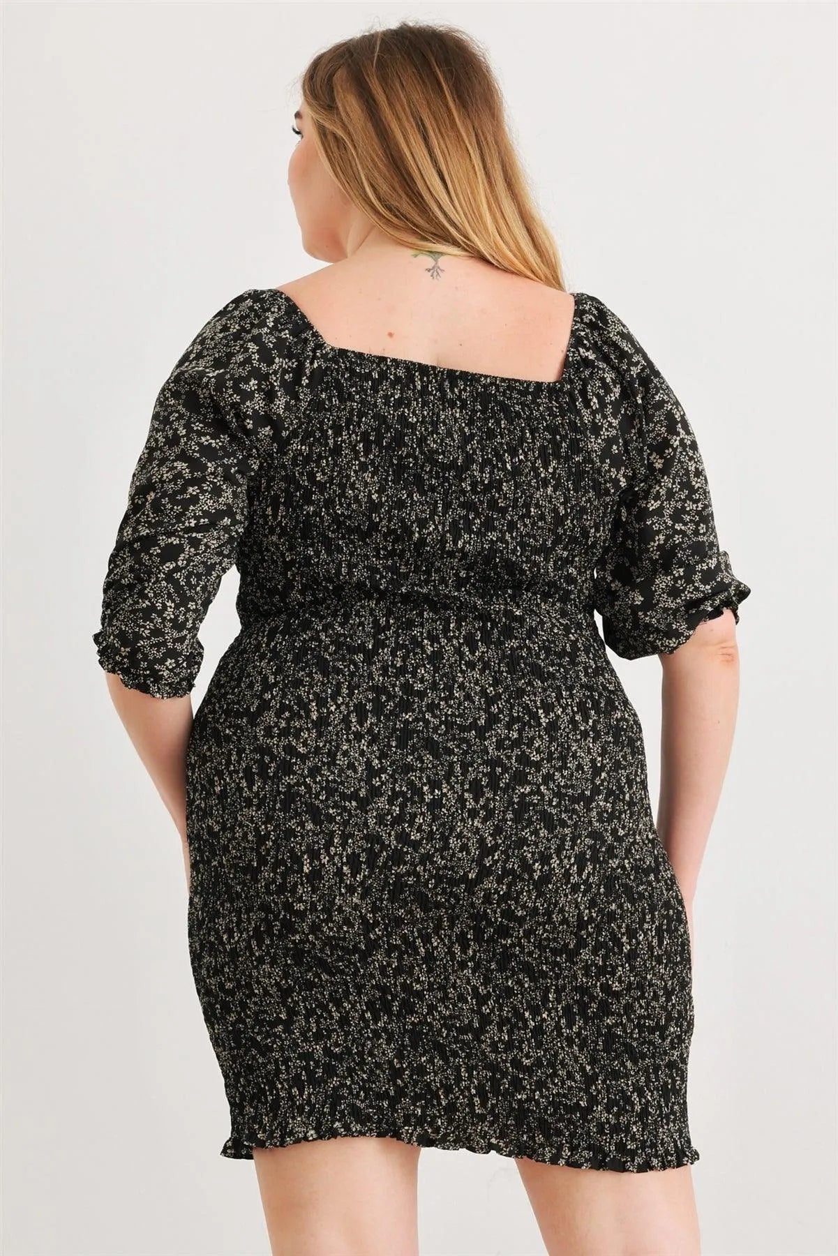Junior Plus Black Floral Smocked Puff Sleeve Tie Neck Mini Dress /2-1-3 - Tasha Apparel Wholesale