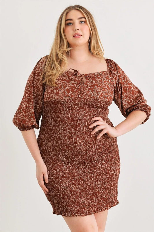 Plus Size Floral Smocked Puff Sleeve Mini Dress - Tasha Apparel Wholesale