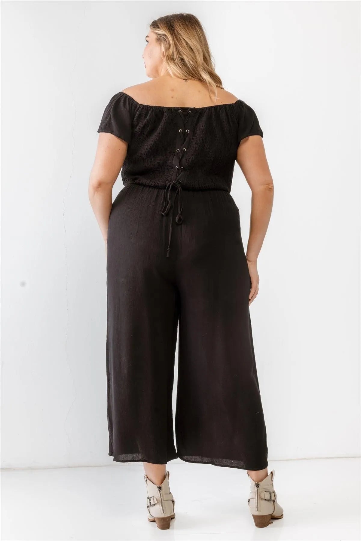 Junior Plus Black Smocked Off-The-Shoulder Back Lace-Up Jumpsuit /3-2-1 - Tasha Apparel Wholesale