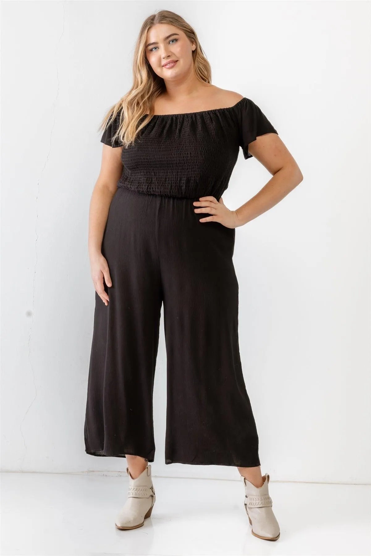 Junior Plus Black Smocked Off-The-Shoulder Back Lace-Up Jumpsuit /3-2-1 - Tasha Apparel Wholesale
