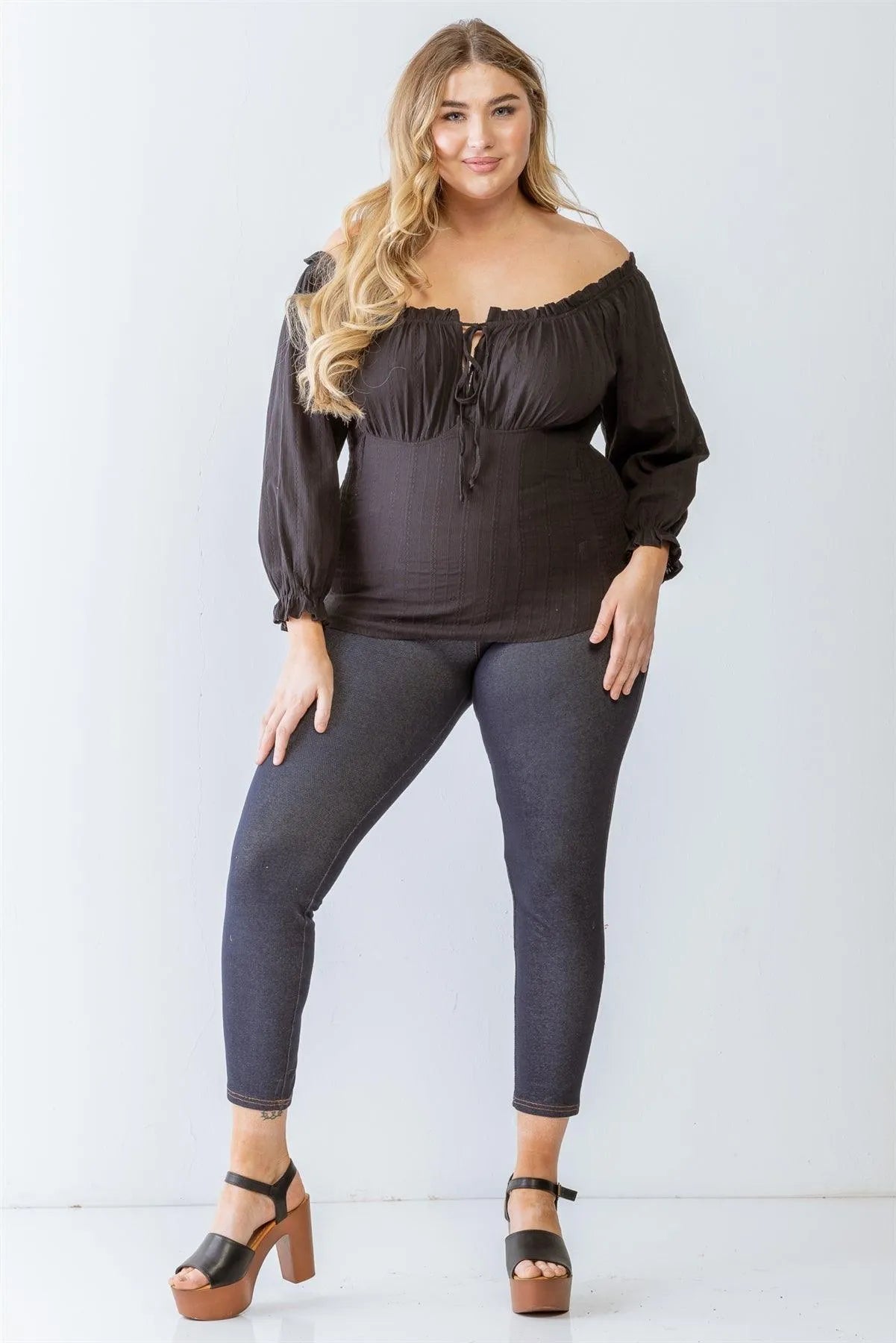 Junior Plus Black Cotton Embroidery Off-The-Shoulder Smocked Back Top /1-2 - Tasha Apparel Wholesale