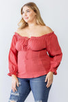 Junior Plus Terracotta Cotton Embroidery Off-The-Shoulder Smocked Back Top /1-1-1 - Tasha Apparel Wholesale