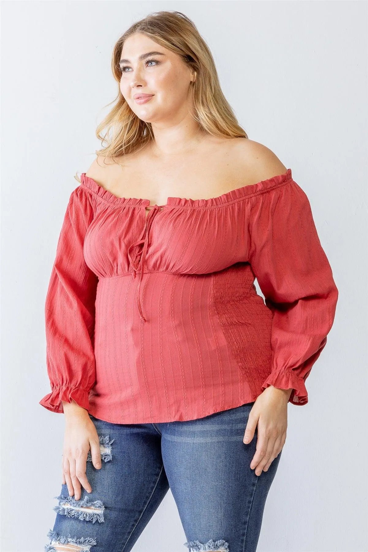 Junior Plus Terracotta Cotton Embroidery Off-The-Shoulder Smocked Back Top /1-1-1 - Tasha Apparel Wholesale