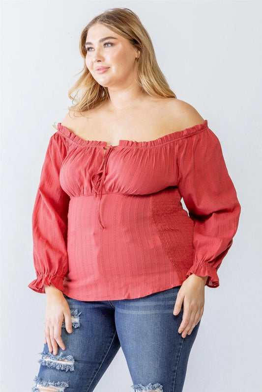 Junior Plus Terracotta Cotton Embroidery Off-The-Shoulder Smocked Back Top /1-1-1 - Tasha Apparel Wholesale