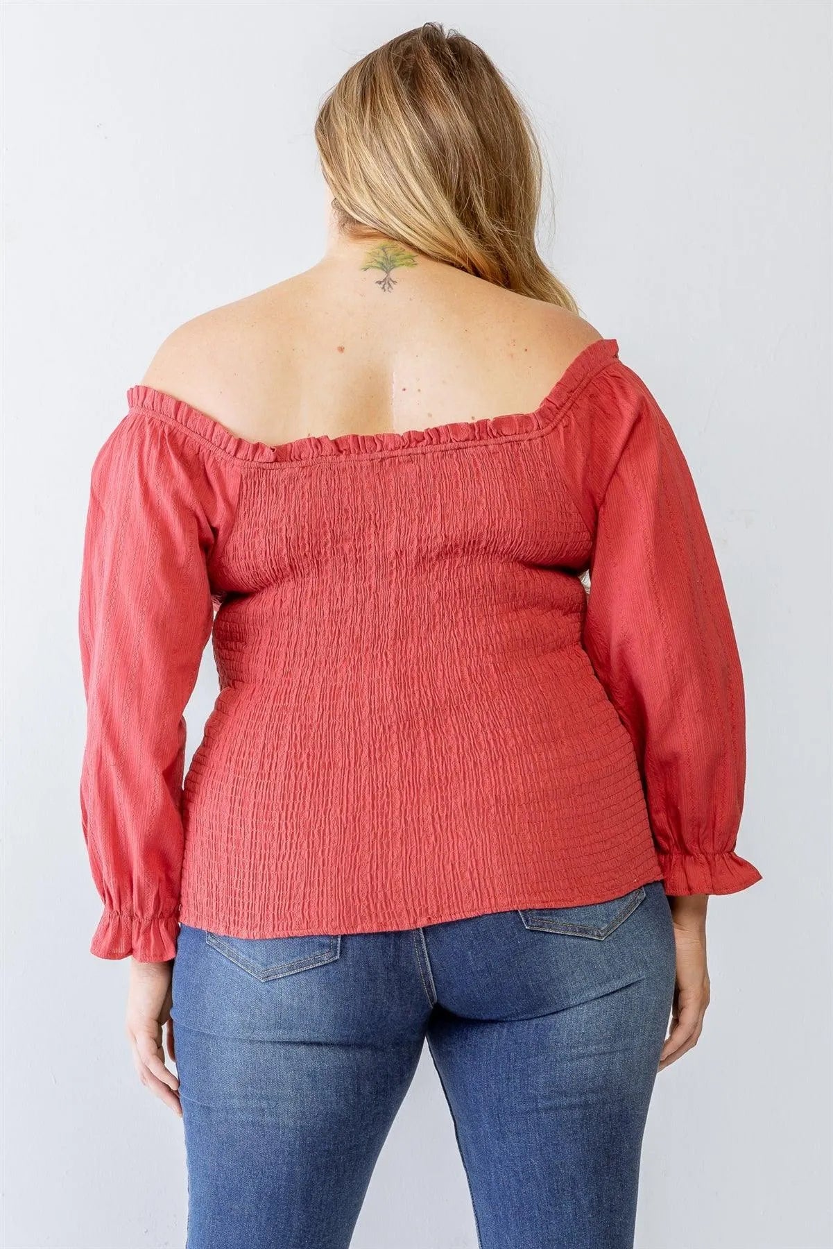Junior Plus Terracotta Cotton Embroidery Off-The-Shoulder Smocked Back Top /1-1-1 - Tasha Apparel Wholesale