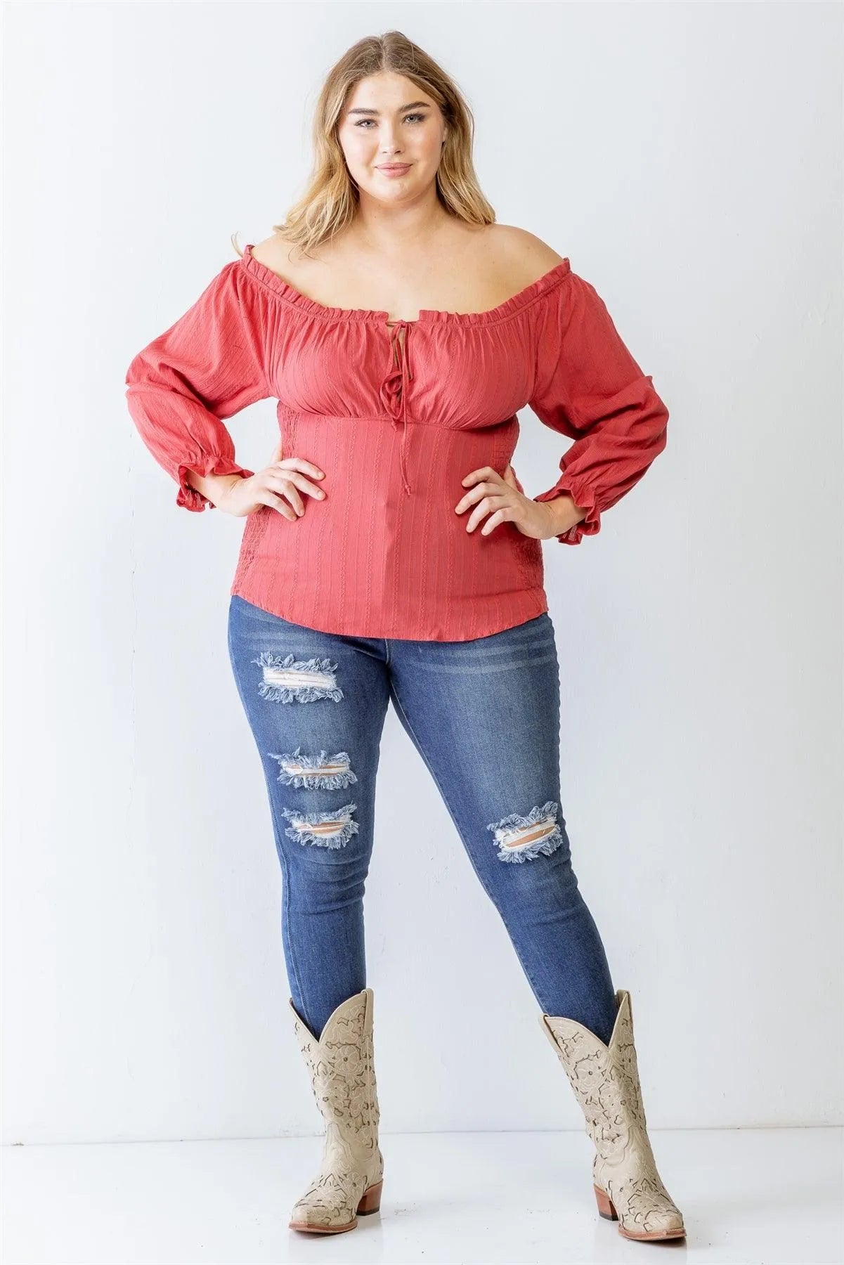 Junior Plus Terracotta Cotton Embroidery Off-The-Shoulder Smocked Back Top /1-1-1 - Tasha Apparel Wholesale