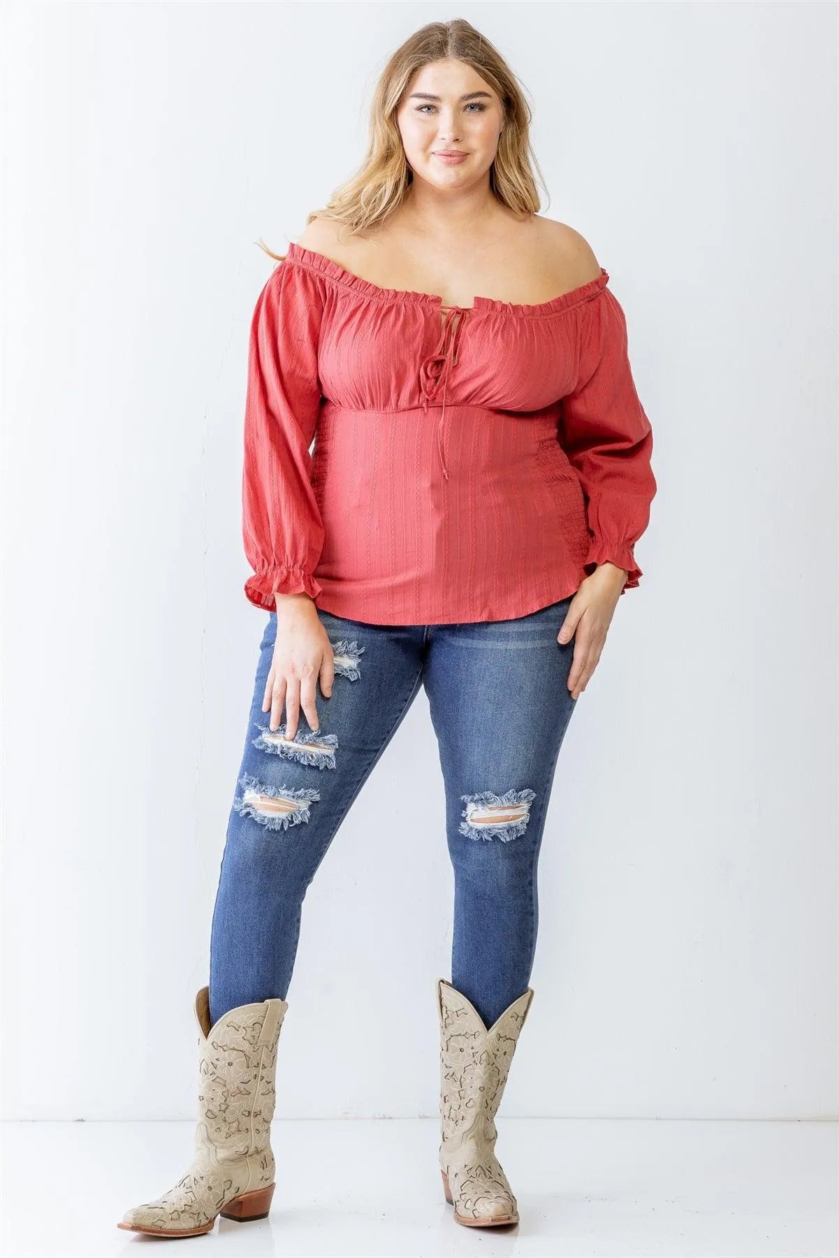 Junior Plus Terracotta Cotton Embroidery Off-The-Shoulder Smocked Back Top /1-1-1 - Tasha Apparel Wholesale