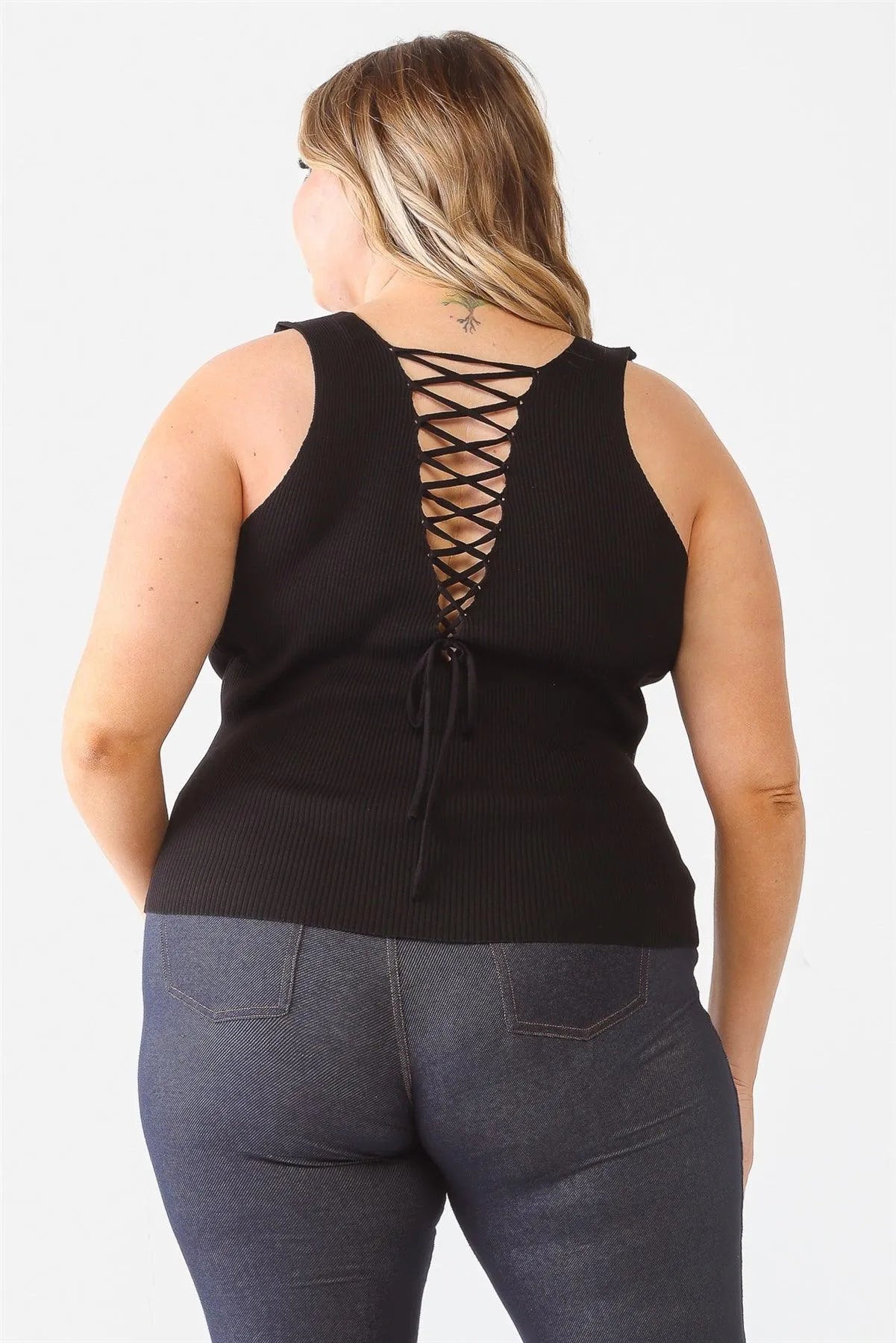 Junior Plus Black Ribbed Back Lace Down Detail Sleeveless Top /2-1-1 - Tasha Apparel Wholesale