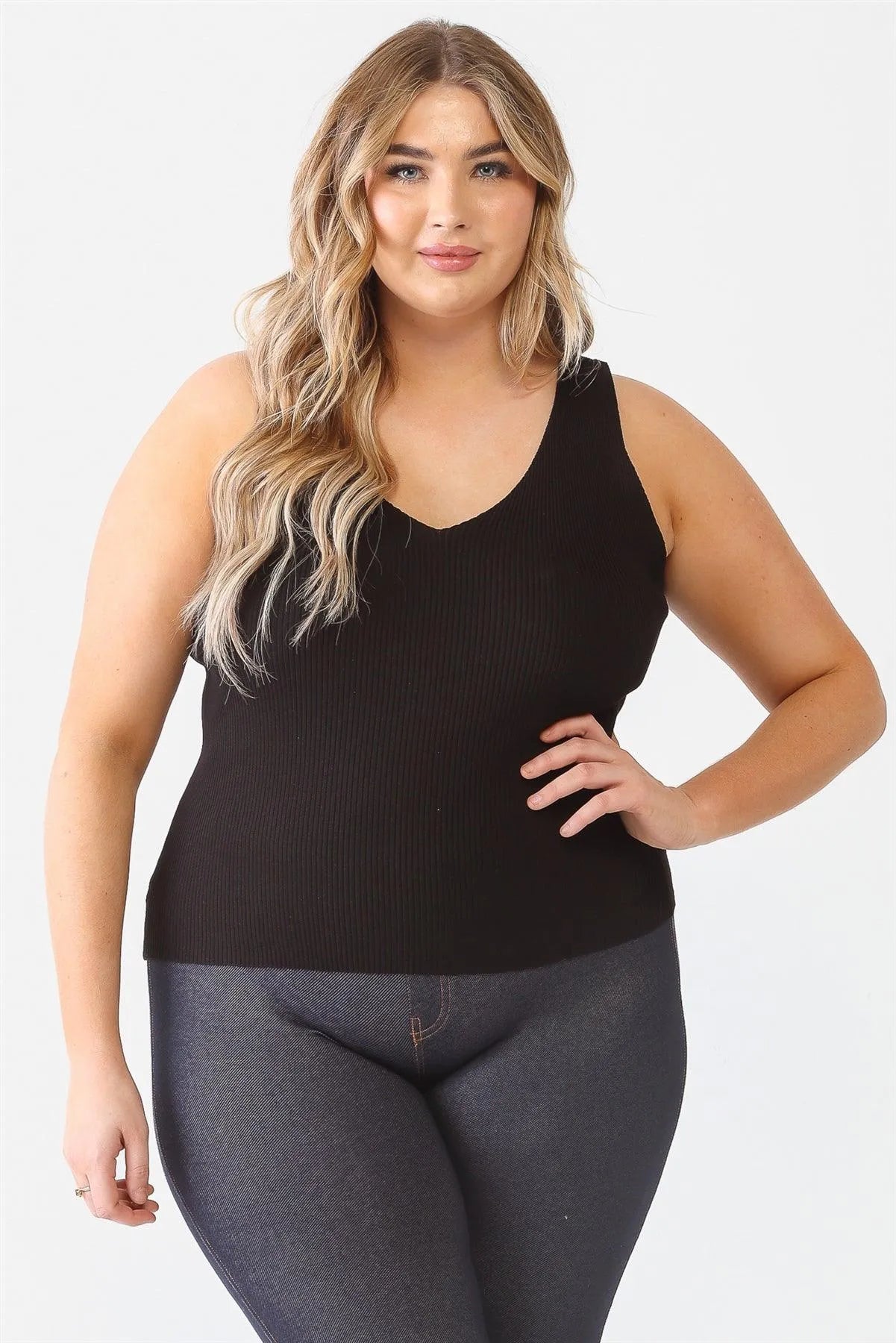 Junior Plus Black Ribbed Back Lace Down Detail Sleeveless Top /2-1-1 - Tasha Apparel Wholesale