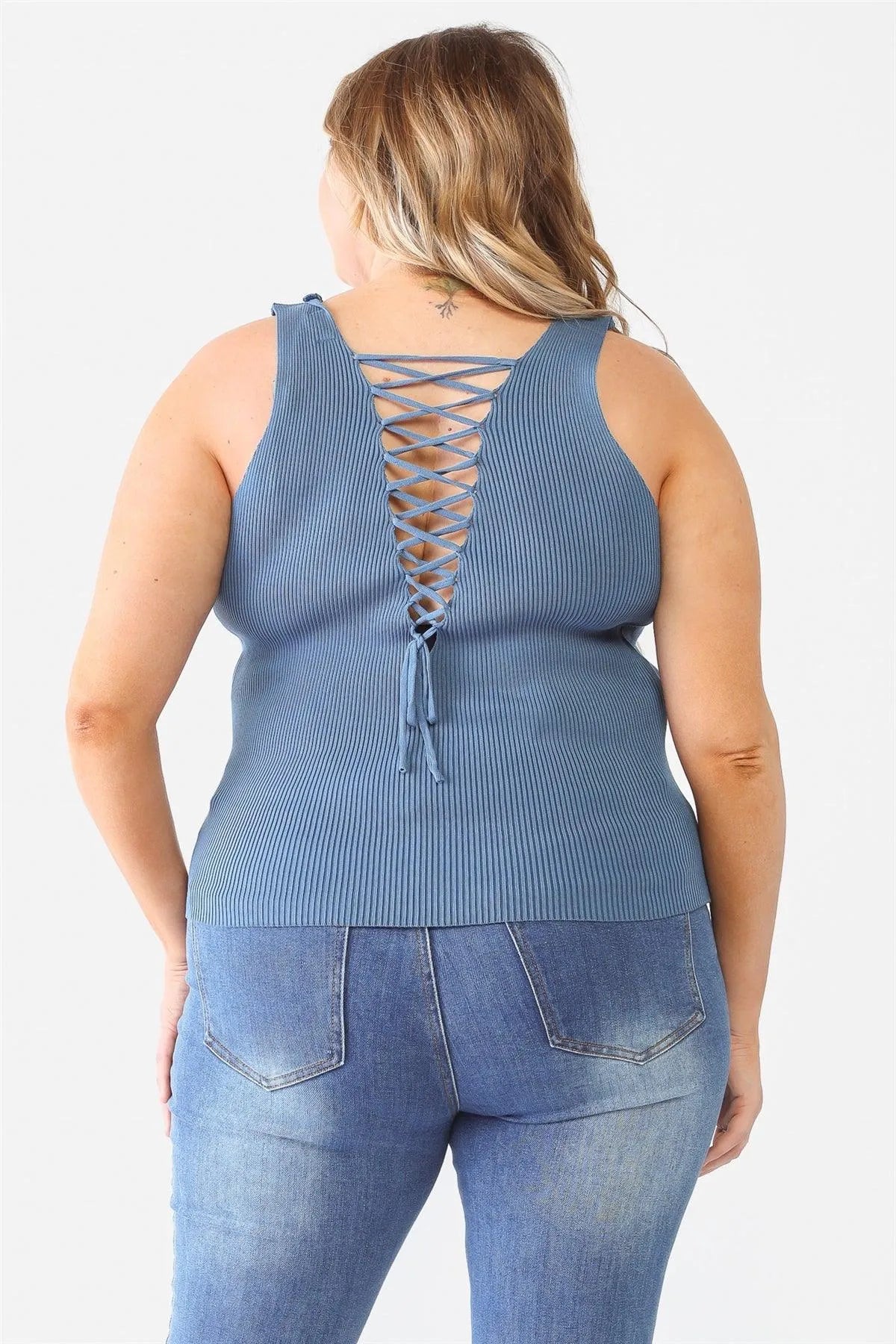 Junior Plus Blue Ribbed Back Lace Down Detail Sleeveless Top /1-1-1 - Tasha Apparel Wholesale