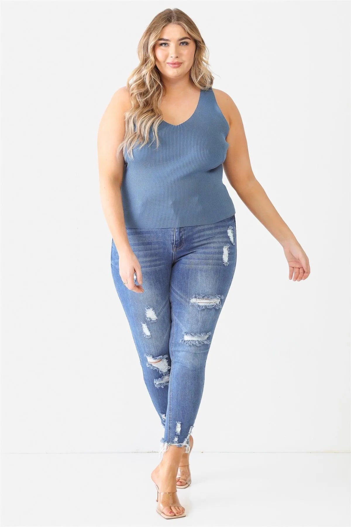 Junior Plus Blue Ribbed Back Lace Down Detail Sleeveless Top /1-1-1 - Tasha Apparel Wholesale