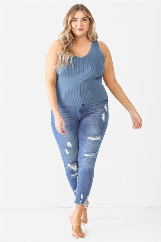 Junior Plus Blue Ribbed Back Lace Down Detail Sleeveless Top /2-1-1 - Tasha Apparel Wholesale