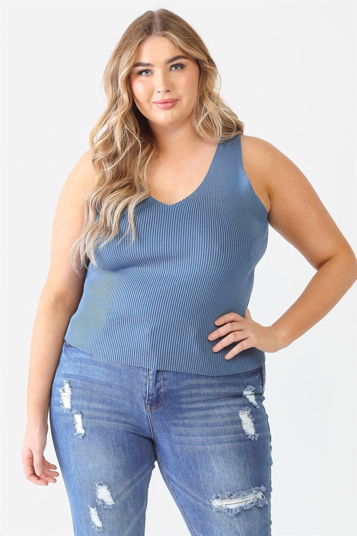 Junior Plus Blue Ribbed Back Lace Down Detail Sleeveless Top /2-1-1 - Tasha Apparel Wholesale
