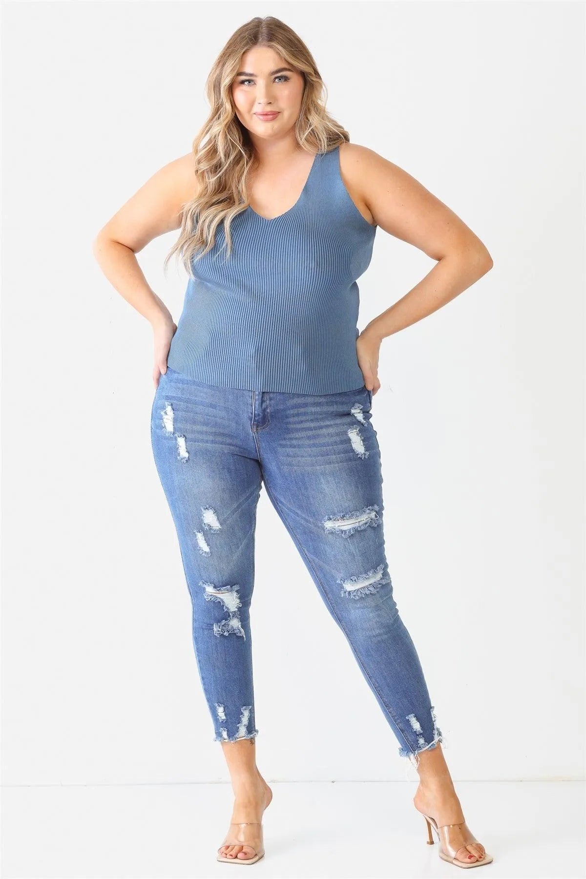 Junior Plus Blue Ribbed Back Lace Down Detail Sleeveless Top /2-1-1 - Tasha Apparel Wholesale