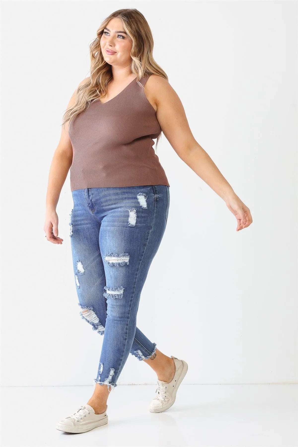 Junior Plus Mocha Ribbed Back Lace Down Detail Sleeveless Top /2-1-1 - Tasha Apparel Wholesale