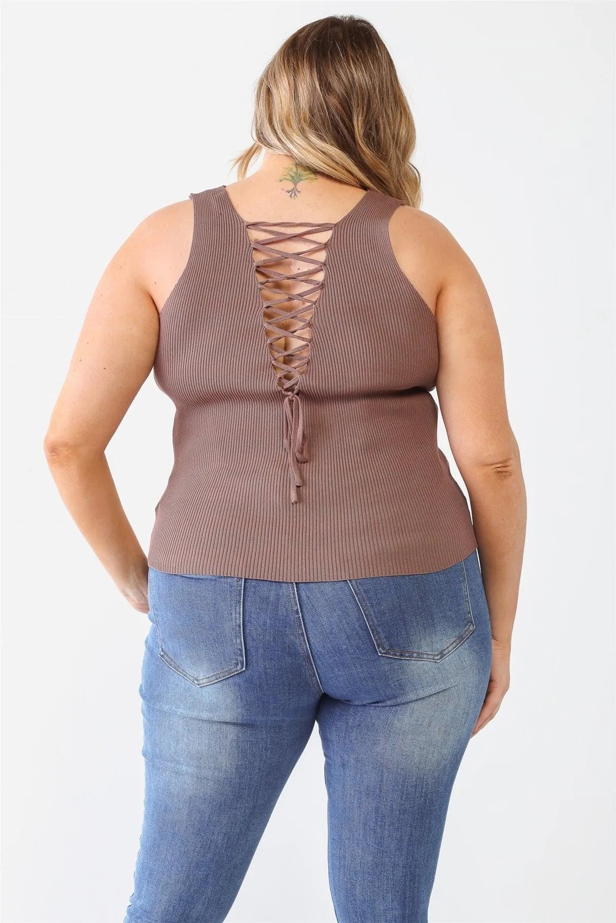Junior Plus Mocha Ribbed Back Lace Down Detail Sleeveless Top /2-1-1 - Tasha Apparel Wholesale