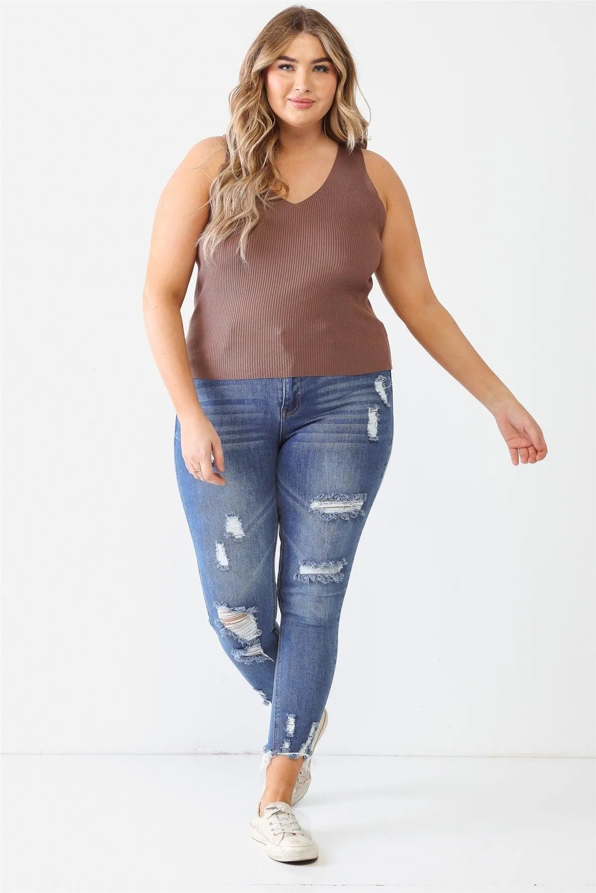 Junior Plus Mocha Ribbed Back Lace Down Detail Sleeveless Top /2-1-1 - Tasha Apparel Wholesale