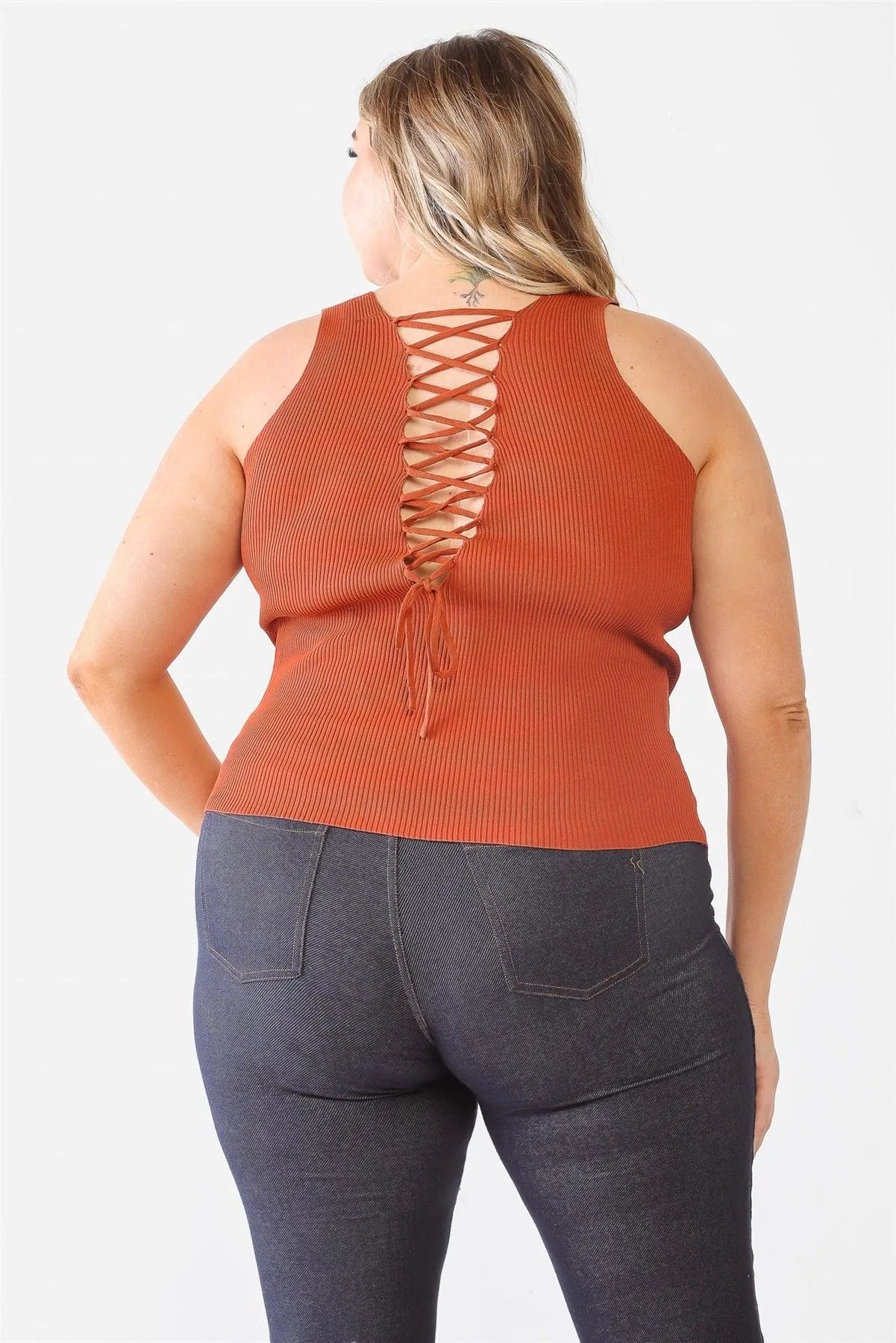 Junior Plus Rust Ribbed Back Lace Down Detail Sleeveless Top /1-1-1 - Tasha Apparel Wholesale