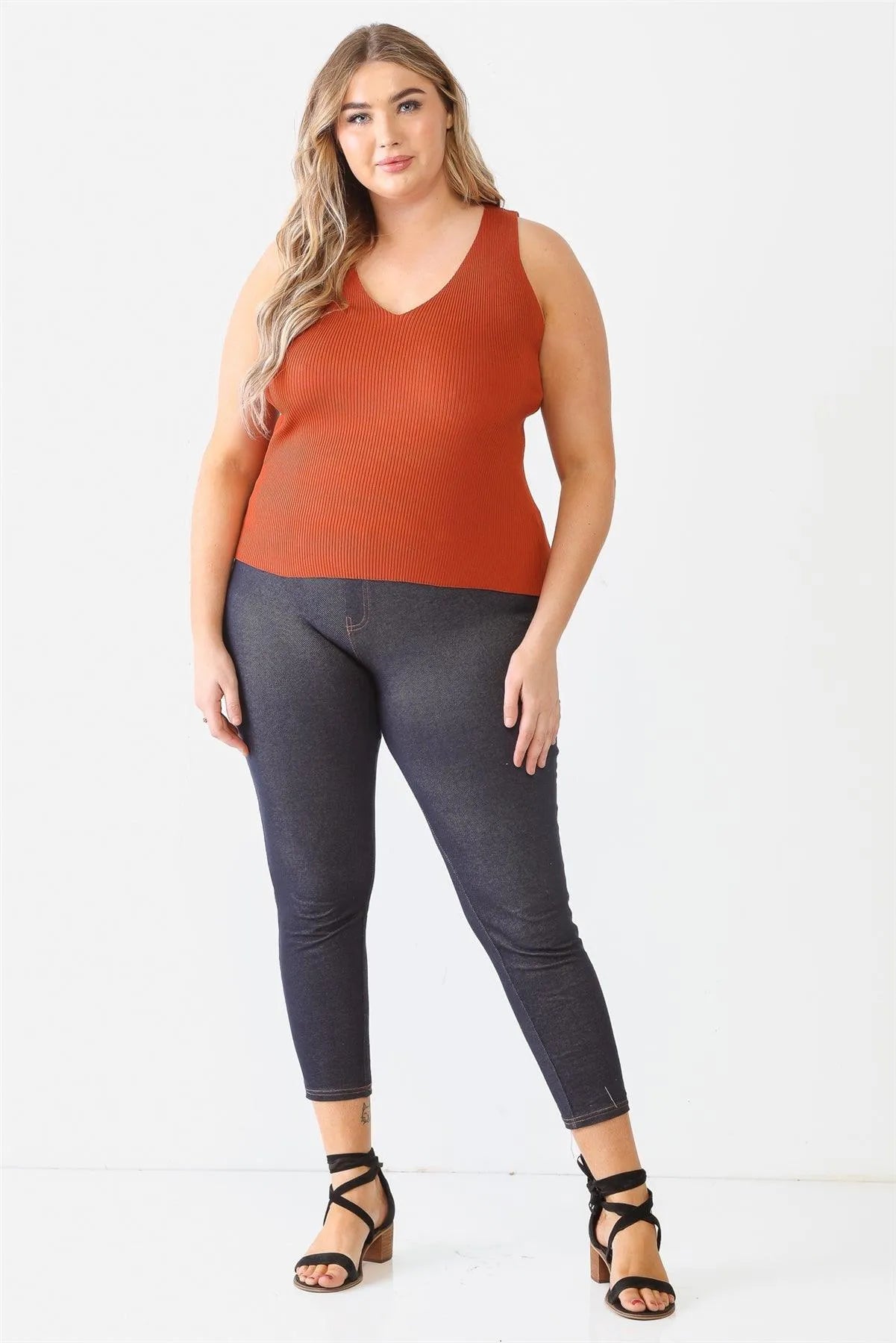Junior Plus Rust Ribbed Back Lace Down Detail Sleeveless Top /1-1-1 - Tasha Apparel Wholesale