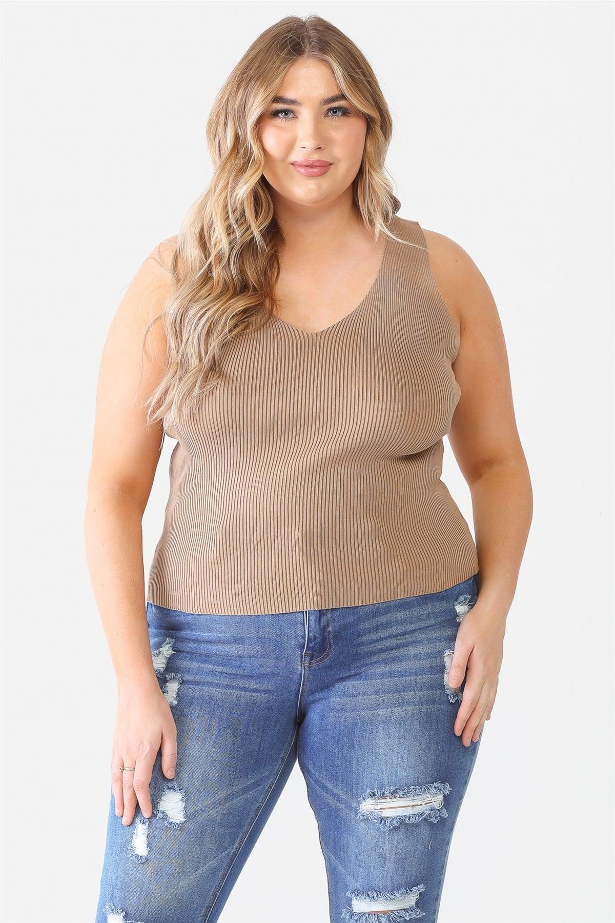 Junior Plus Taupe Ribbed Back Lace Down Detail Sleeveless Top /1-1-1
