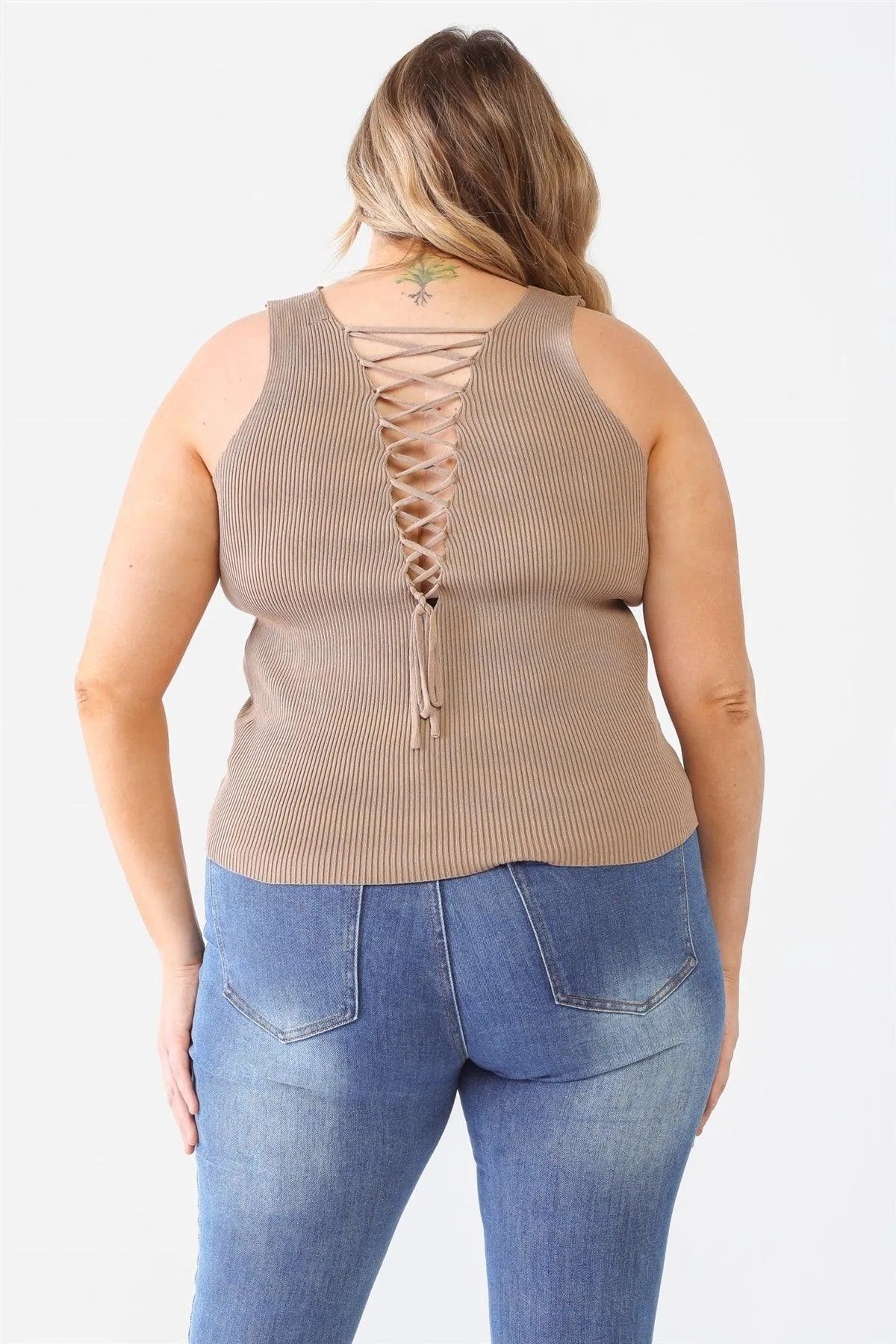 Junior Plus Taupe Ribbed Back Lace Down Detail Sleeveless Top /1-1-1/1-1-1 - Tasha Apparel Wholesale