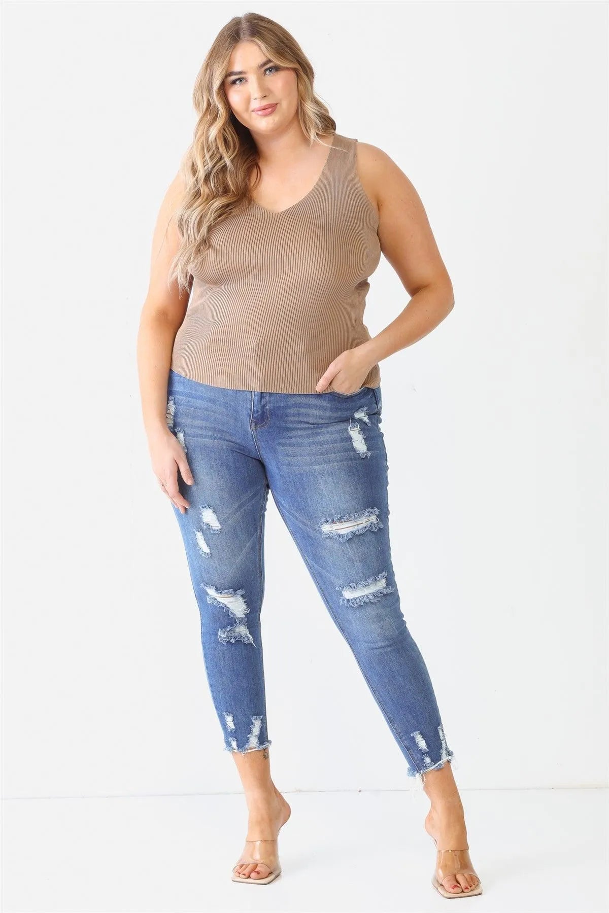 Junior Plus Taupe Ribbed Back Lace Down Detail Sleeveless Top /1-1-1/1-1-1 - Tasha Apparel Wholesale