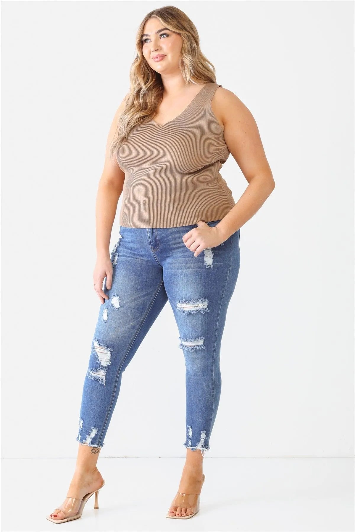 Junior Plus Taupe Ribbed Back Lace Down Detail Sleeveless Top /1-1-1/1-1-1 - Tasha Apparel Wholesale