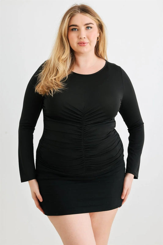 Junior Plus Black Ruched Long Sleeve Top /1-1-1 - Tasha Apparel Wholesale