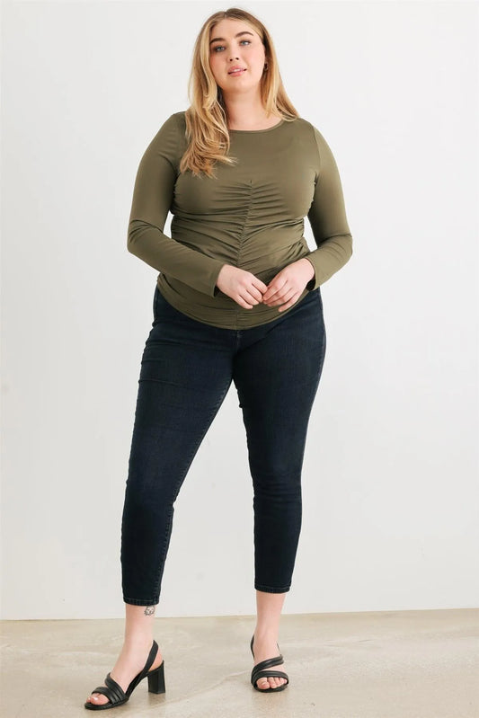 Junior Plus Olive Ruched Long Sleeve Top /1-1-1 - Tasha Apparel Wholesale