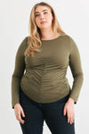 Junior Plus Olive Ruched Long Sleeve Top /3-2-1 - Tasha Apparel Wholesale