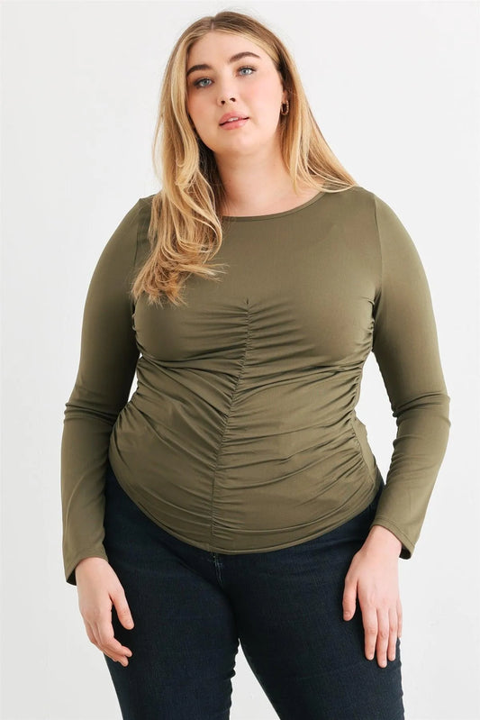Junior Plus Olive Ruched Long Sleeve Top /3-2-1 - Tasha Apparel Wholesale