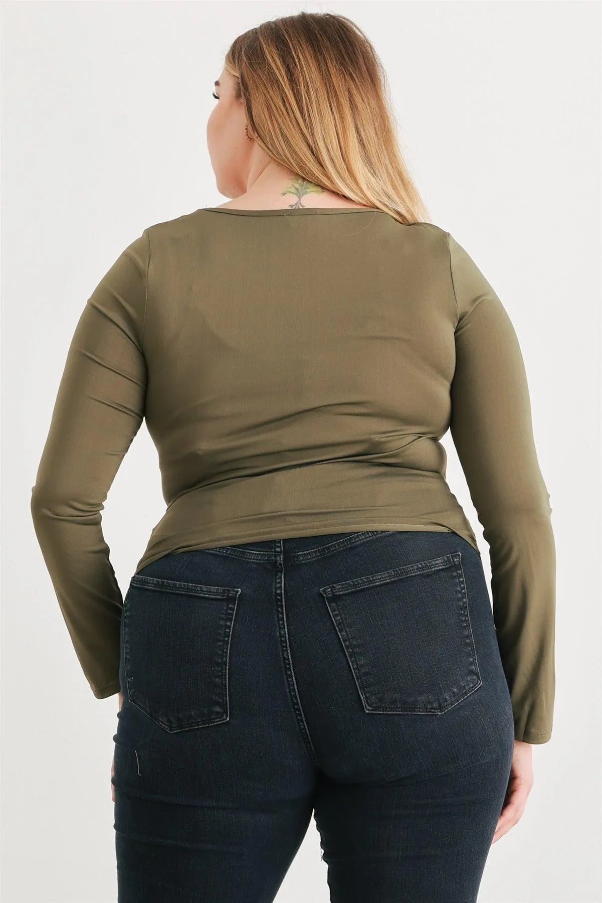 Junior Plus Olive Ruched Long Sleeve Top /3-2-1 - Tasha Apparel Wholesale