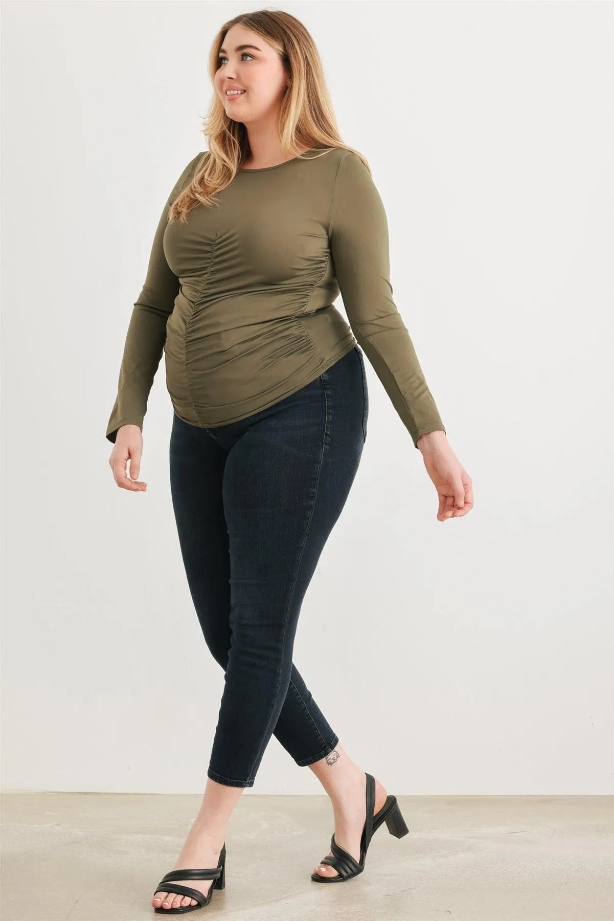 Junior Plus Olive Ruched Long Sleeve Top /3-2-1 - Tasha Apparel Wholesale