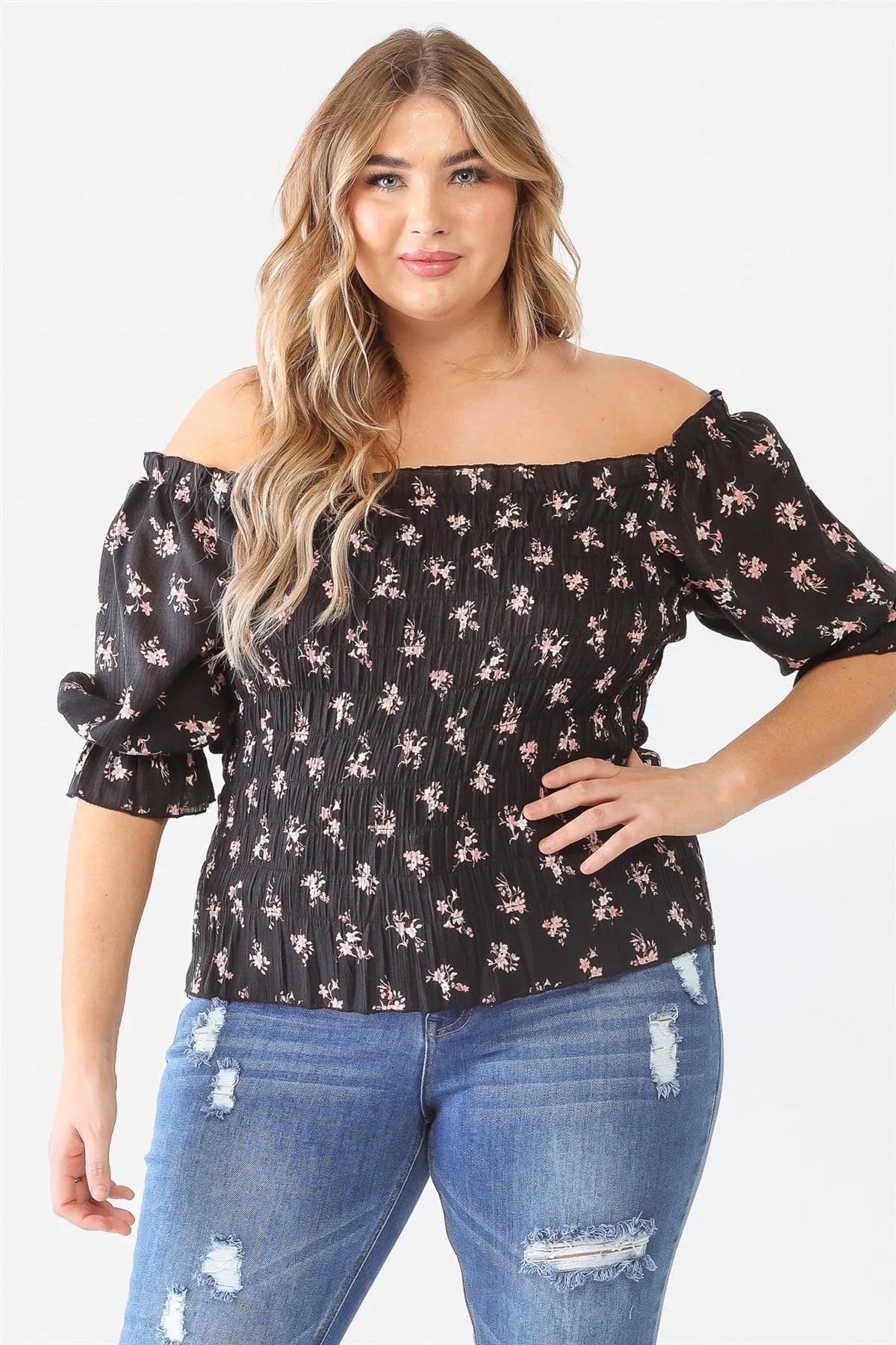 Junior Plus Black Floral Ruched Off-The-Shoulder Top /2-1-1 - Tasha Apparel Wholesale