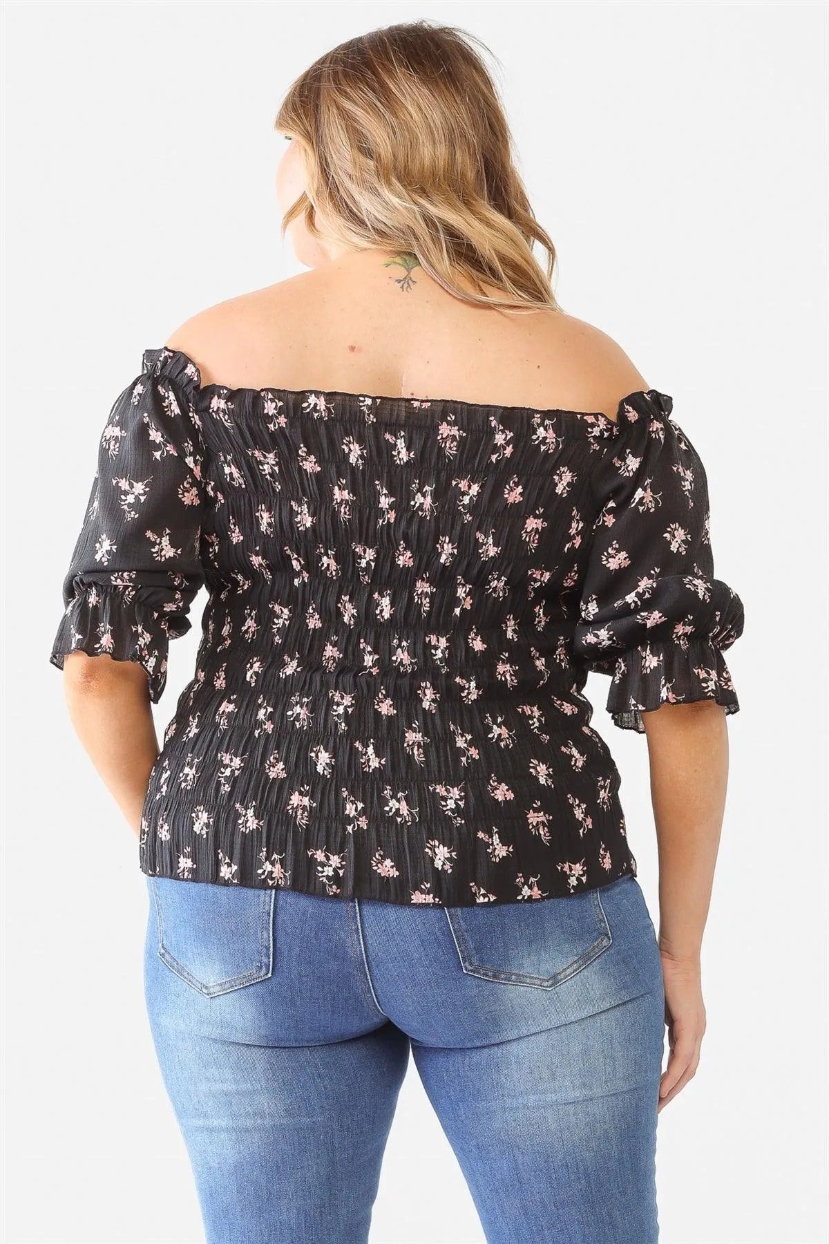 Junior Plus Black Floral Ruched Off-The-Shoulder Top /2-1-1 - Tasha Apparel Wholesale