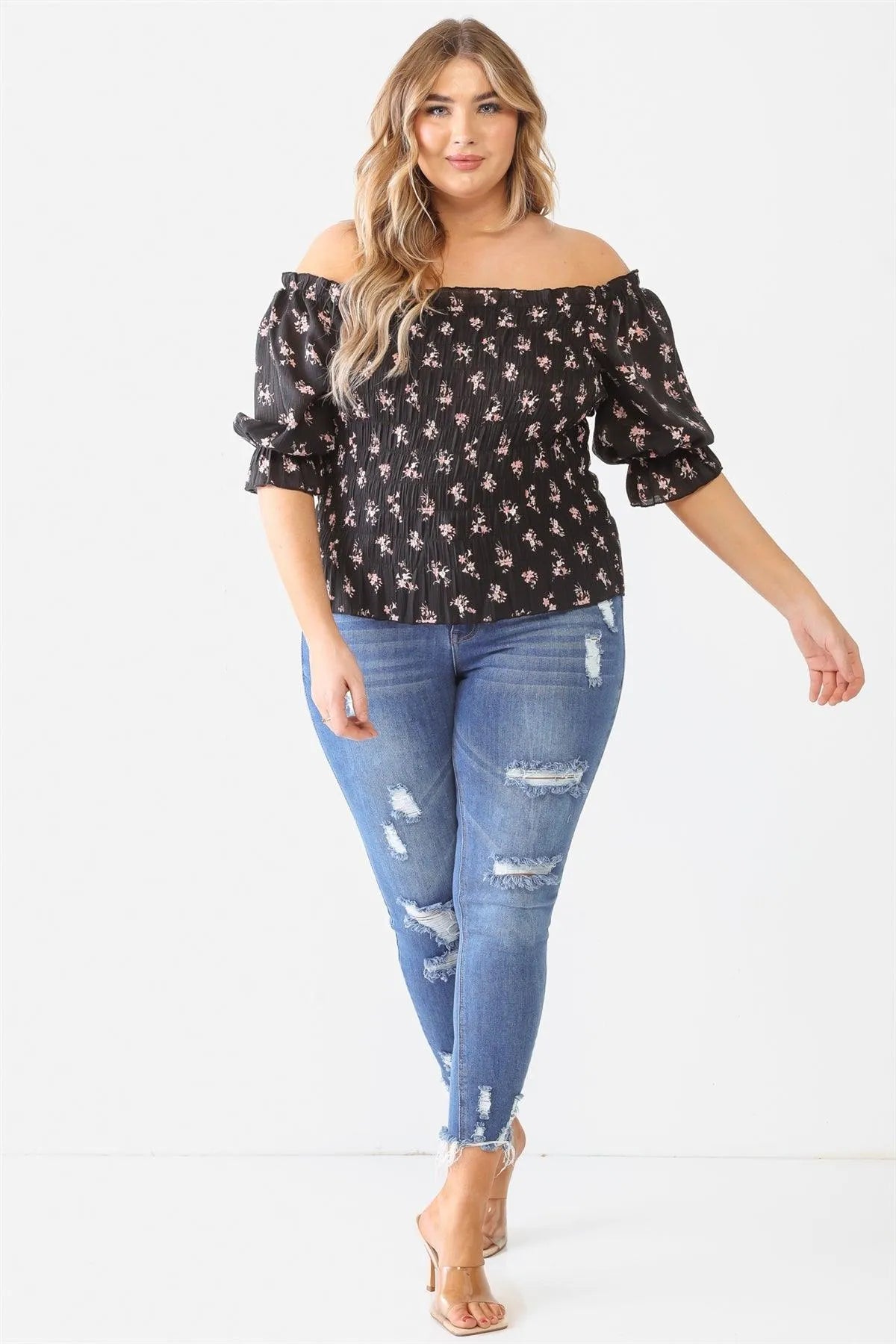 Junior Plus Black Floral Ruched Off-The-Shoulder Top /2-1-1 - Tasha Apparel Wholesale
