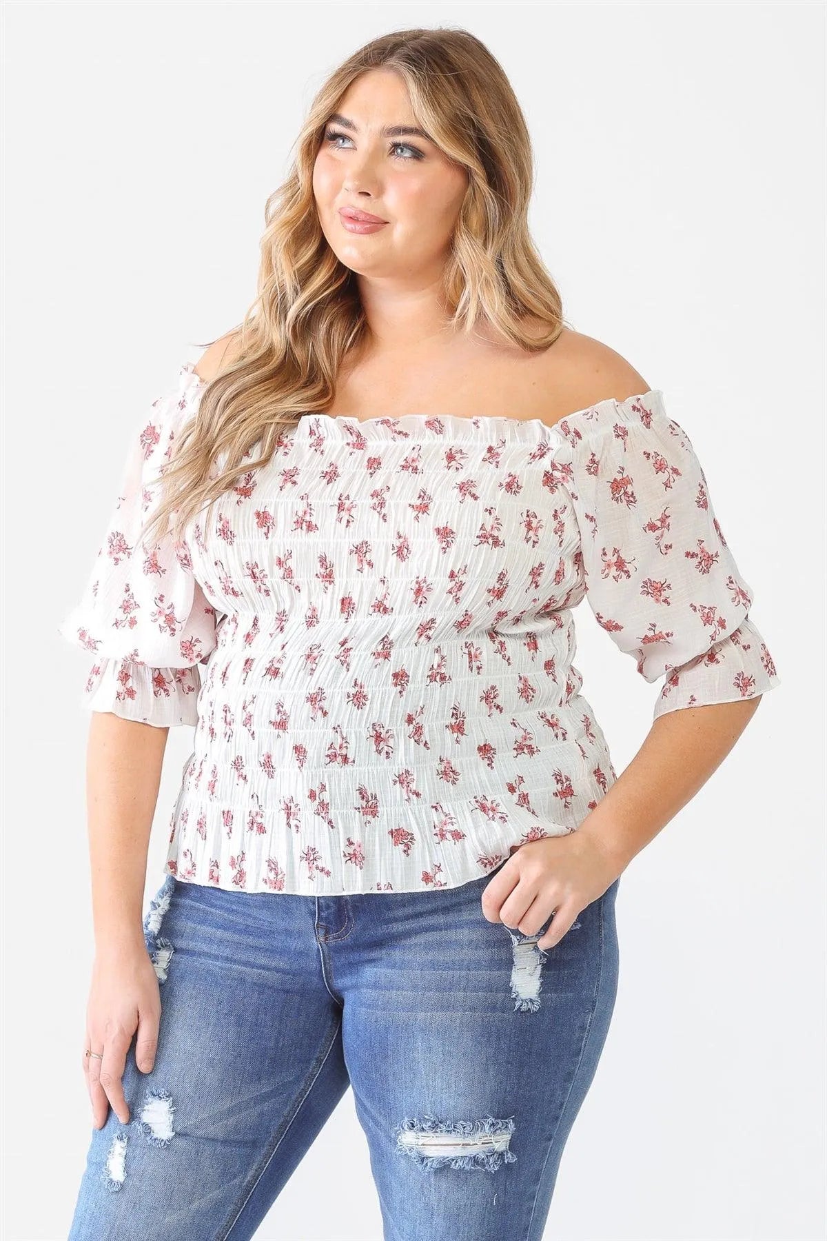 Plus Size Floral Ruched Off-The-Shoulder Puff Sleeve Top - Tasha Apparel Wholesale
