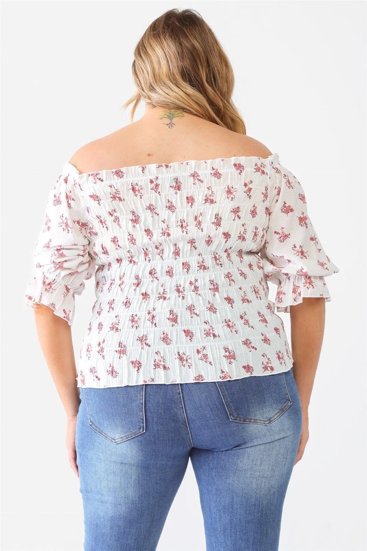 Plus Size Floral Ruched Off-The-Shoulder Puff Sleeve Top - Tasha Apparel Wholesale