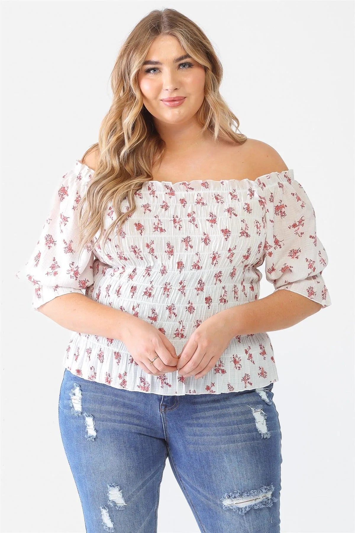 Plus Size Floral Ruched Off-The-Shoulder Puff Sleeve Top - Tasha Apparel Wholesale