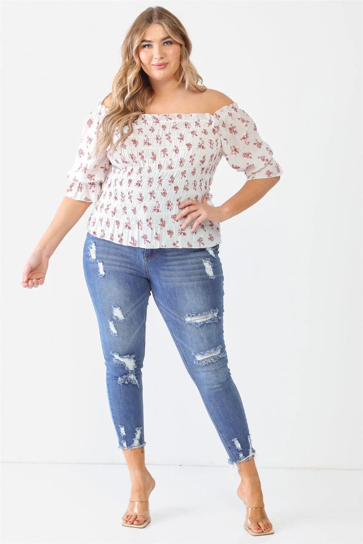 Plus Size Floral Ruched Off-The-Shoulder Puff Sleeve Top - Tasha Apparel Wholesale