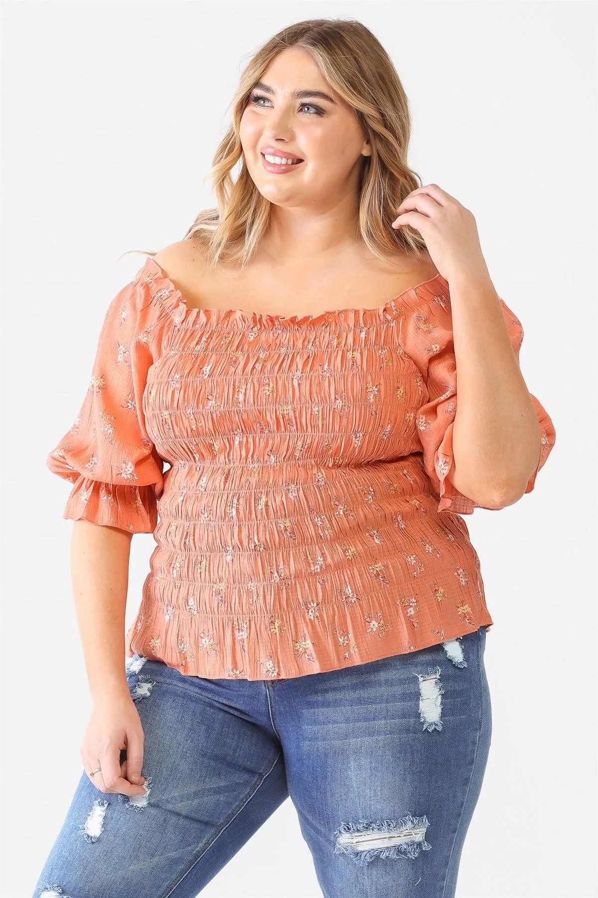 Junior Plus Terracotta Floral Ruched Off-The-Shoulder Top /1-1-1 - Tasha Apparel Wholesale