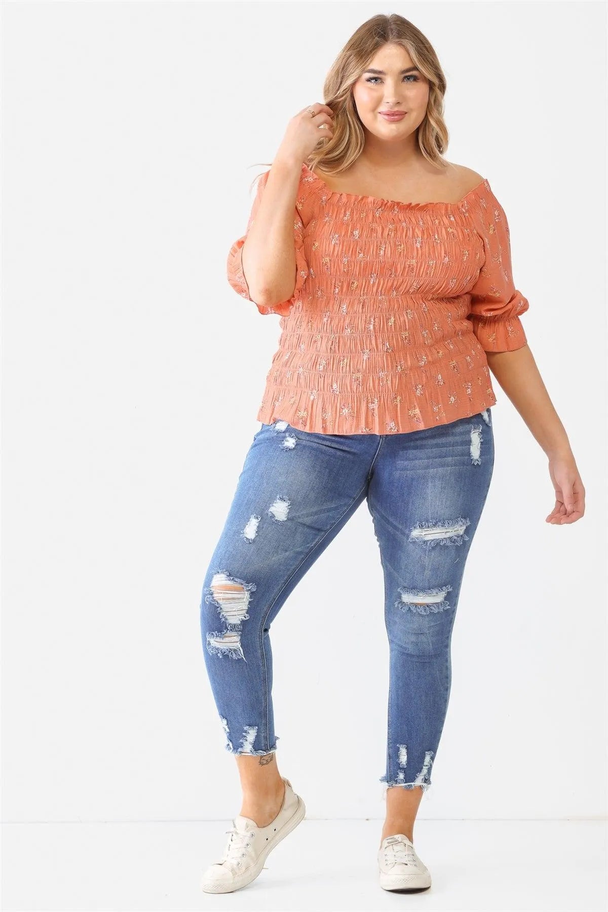 Junior Plus Terracotta Floral Ruched Off-The-Shoulder Top /1-1-1 - Tasha Apparel Wholesale